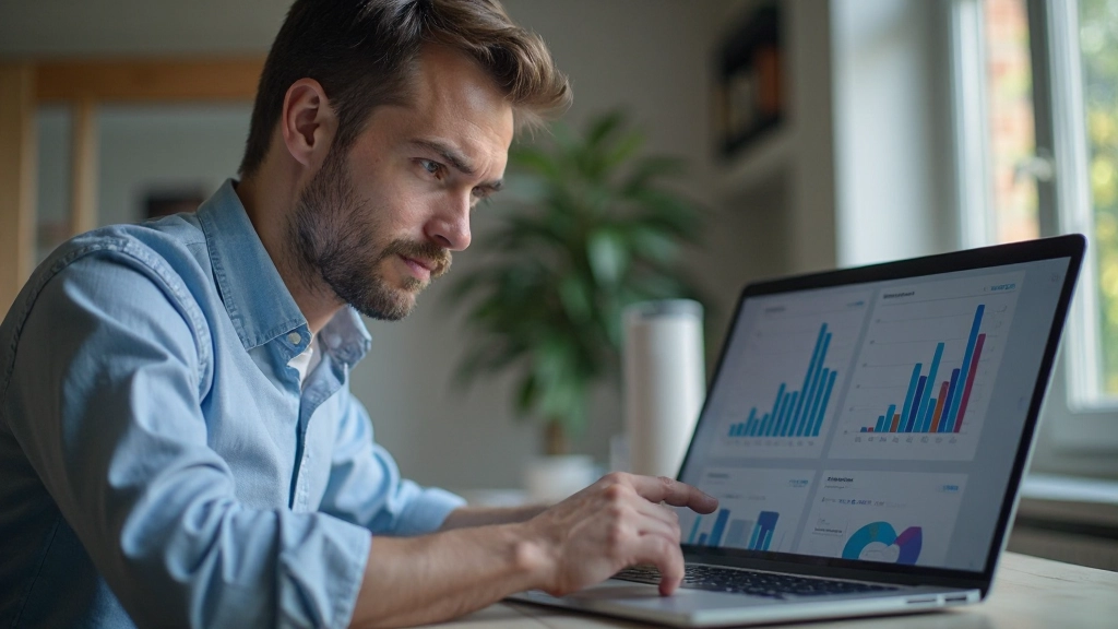 Man bestudeert grafieken en voortgangskaarten op zijn werkplek met notities