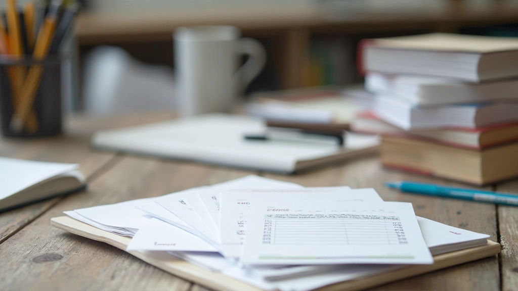 Stapel flashcards en aantekeningen gerangschikt in chronologische volgorde met kalender die leercyclus toont