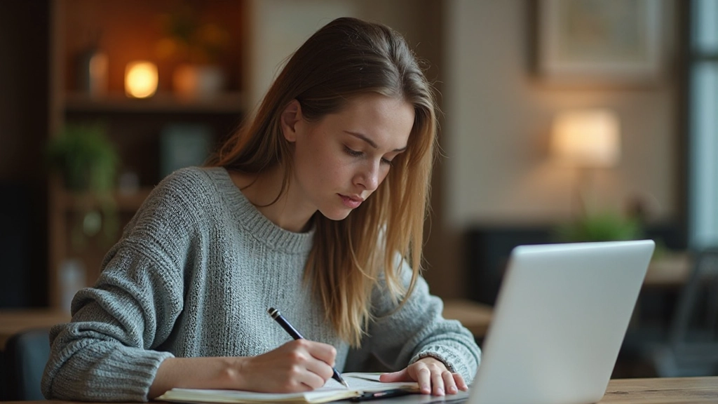Persoon aan bureau met laptop, notitieboek en koffiekopje voor studie en concentratie