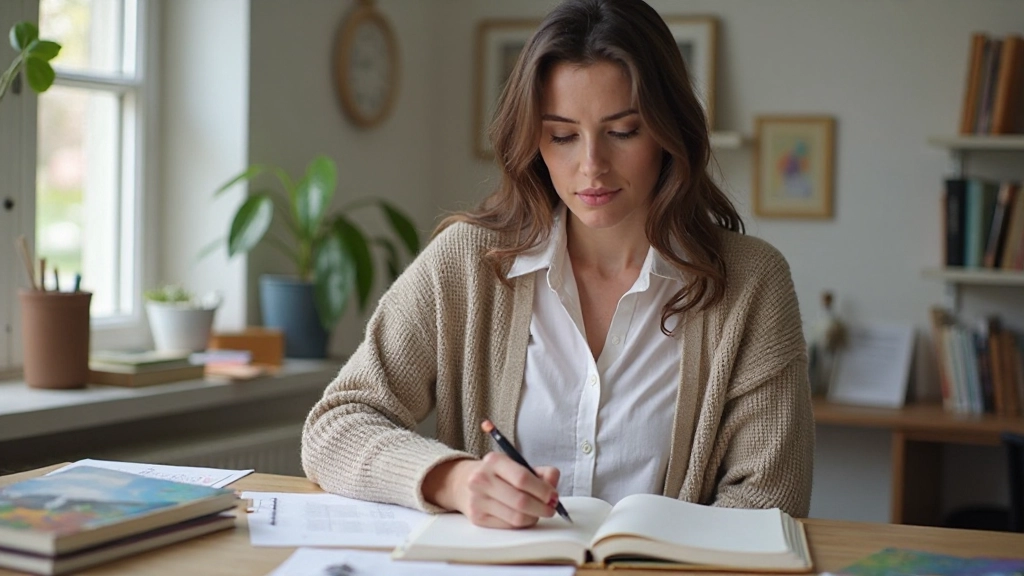 Vrouw met notitieboek en pen schrijft leerresultaten op een tafel vol studiematerialen