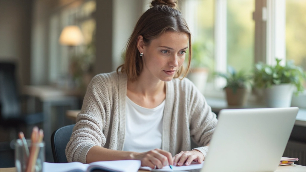 Persoon werkt aan laptop met grafieken en leermateriaal, concentratie op persoonlijke groei en voortgang